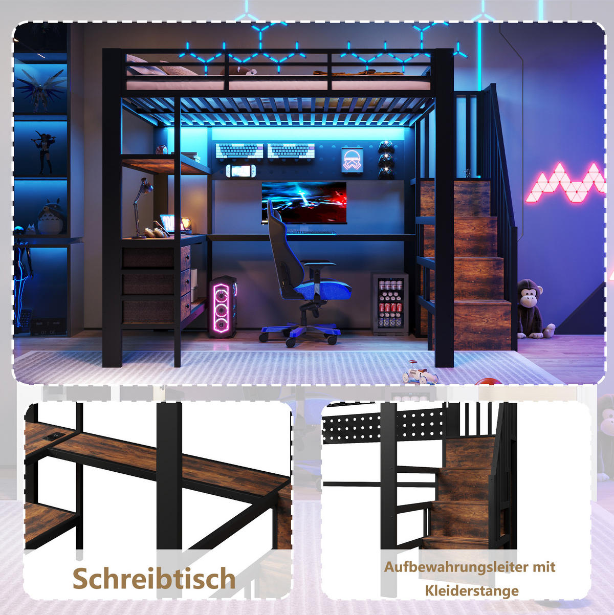 HOCHBETT 140/200 cm aus Metall/MDF mit Schreibtisch und Stauraum Schwarz - Schwarz, Holzwerkstoff (140/200cm) - Modenvie