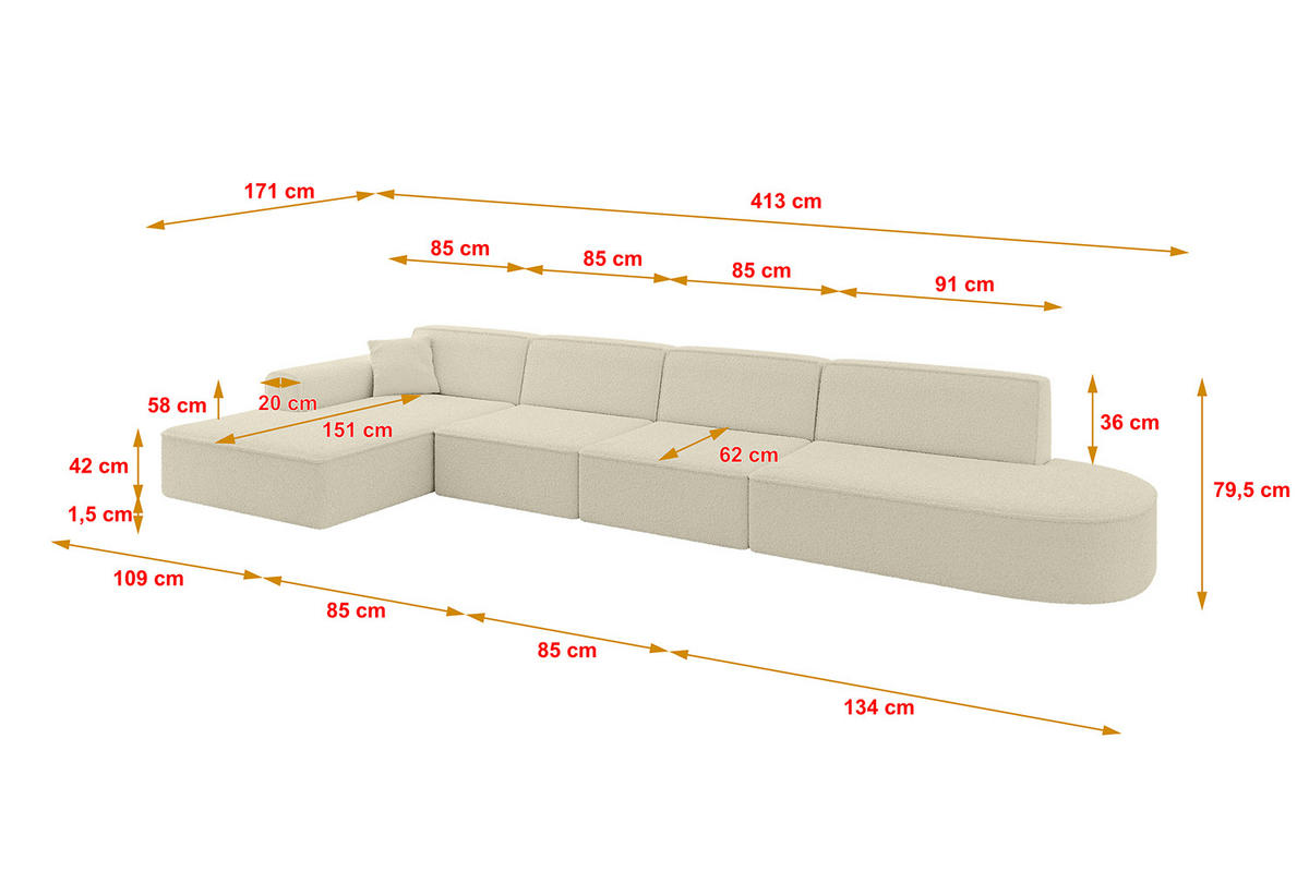 ECKSOFA Ottomane Links IREA-L3-v3 - 413x171x79 cm Beige - Creme, Holzwerkstoff/Textil (413/171cm) - ALTDECOR