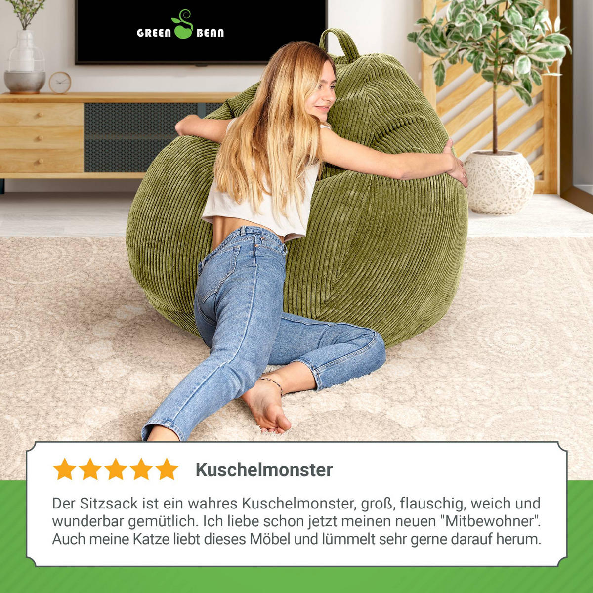 SITZSACK Indoor "Scoop" 90x110cm - Cord - Grün, Textil (90/110/90cm) - Green Bean