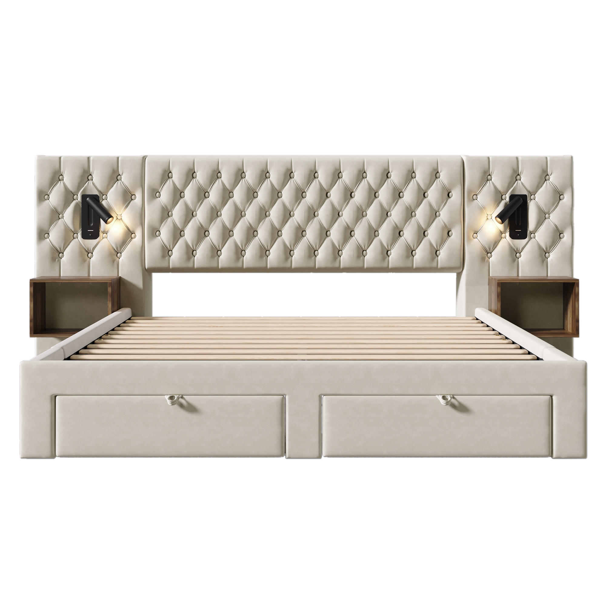POLSTERBETT 180/200 cm Beige mit 2 Nachttischen und 4 Schubladen (Ohne Matratze) - Beige, Textil (180/200cm) - Oxeza