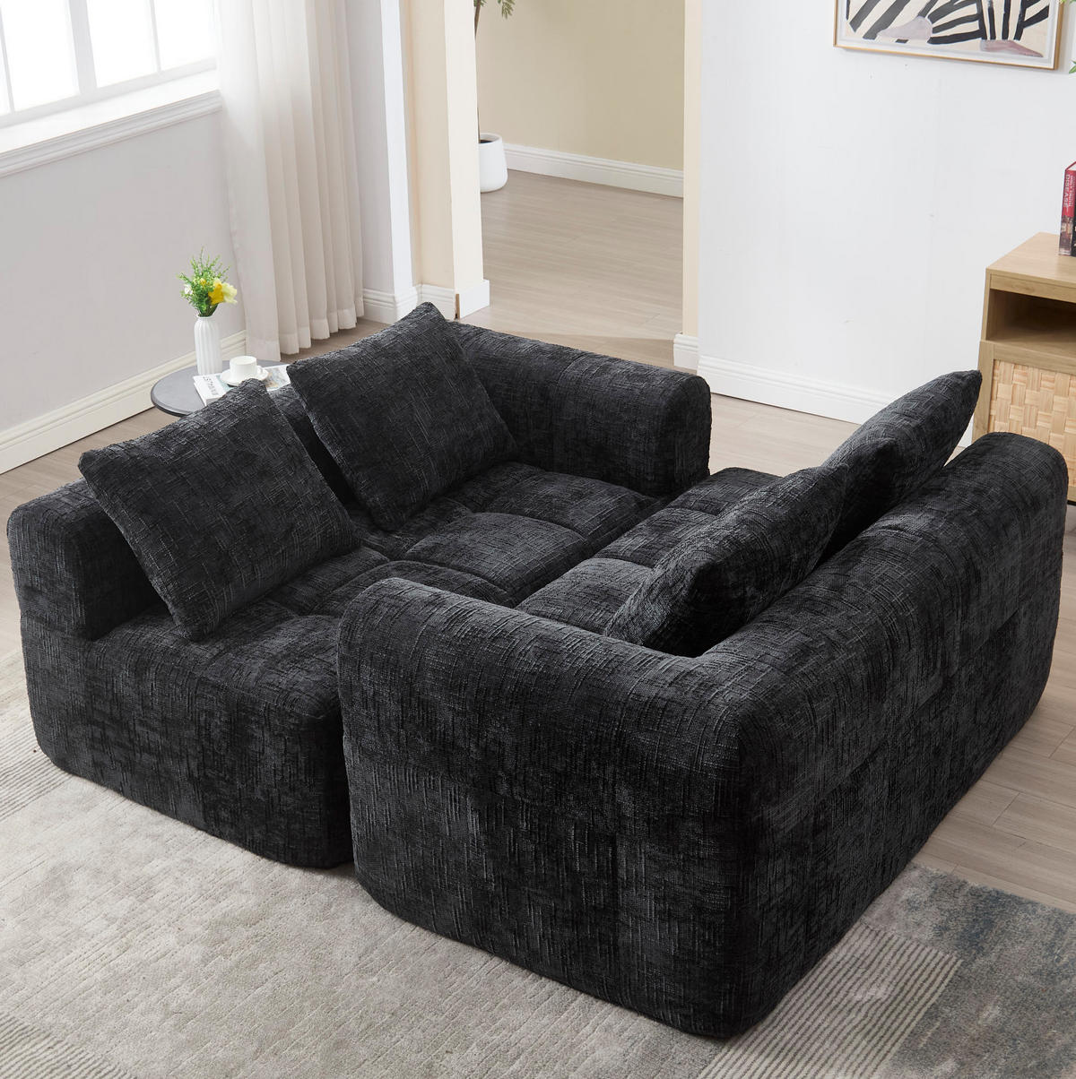 SOFA mit Seitentaschen ca. 158 x 90 cm Chenille Schwarz - Schwarz, Kunststoff (158/60/90cm) - Meubliv