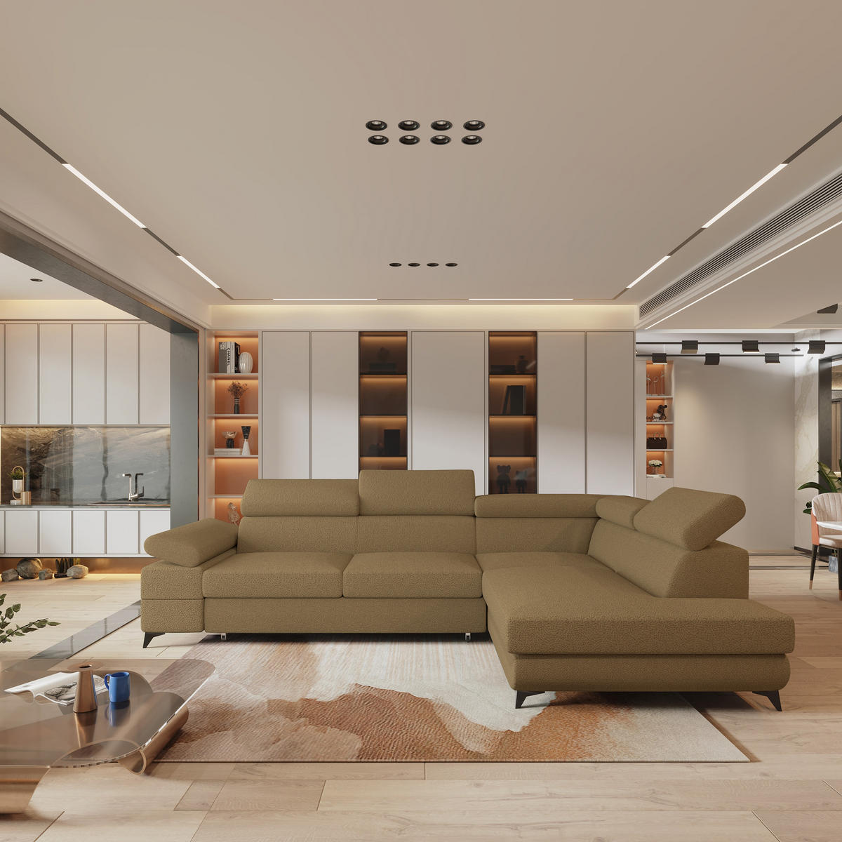 ECKSOFA FAVIEN R-S Orange Boucle-Stoff mit Schlaffunktion - Orange, Holz (257/190cm) - MASSENO