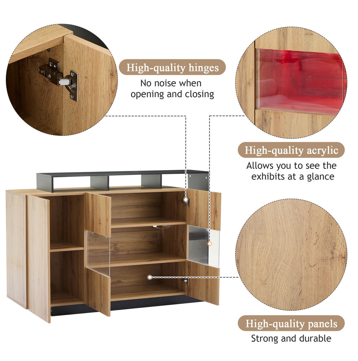 SIDEBOARD mit RGB-LED und Bluetooth, Holzoptik MDF, matte Oberfläche und schwarzem Metallrahmen, 140/44/93,5 cm,Naturfarben - Naturfarben, Holzwerkstoff (140/93.5/44cm) - Redom