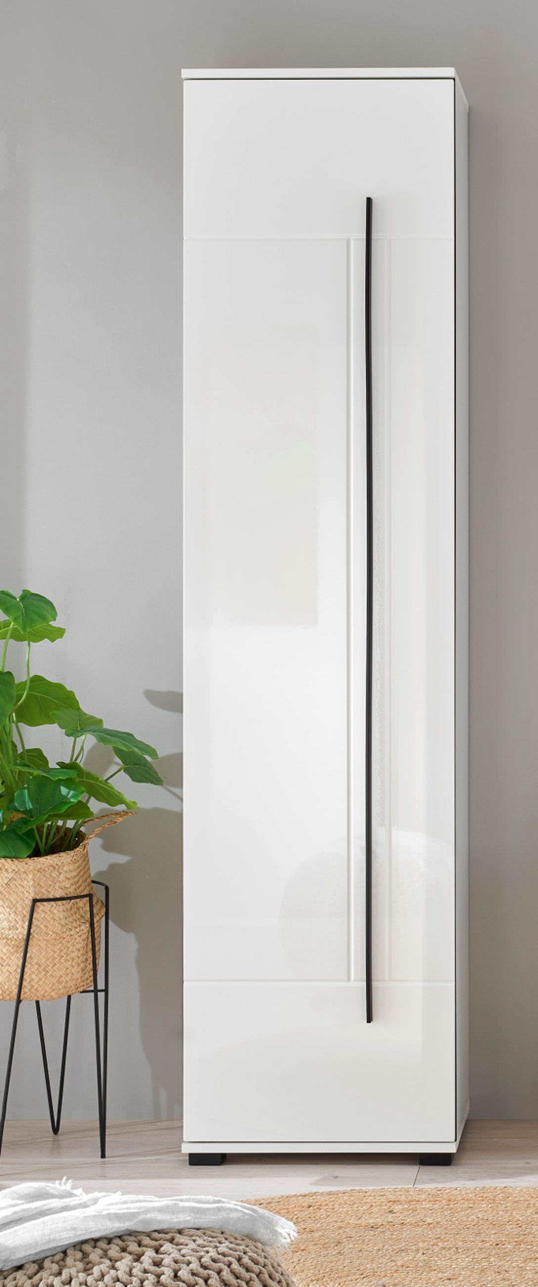 SCHUHSCHRANK weiß Hochglanz 50 x 200 cm, Stauraumschrank mit 6 Fächern - Weiß Hochglanz/Schwarz, Holzwerkstoff/Kunststoff (50/200/39cm) - Furn.Design