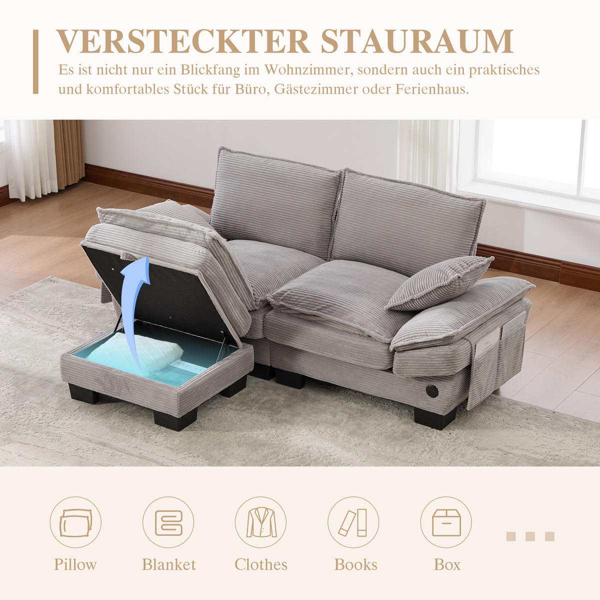 2-SITZER SOFA Cord Hellgrau mit Hocker, USB-C und Seitentaschen - Hellgrau, Holzwerkstoff/Kunststoff (190/132cm) - WISHDOR