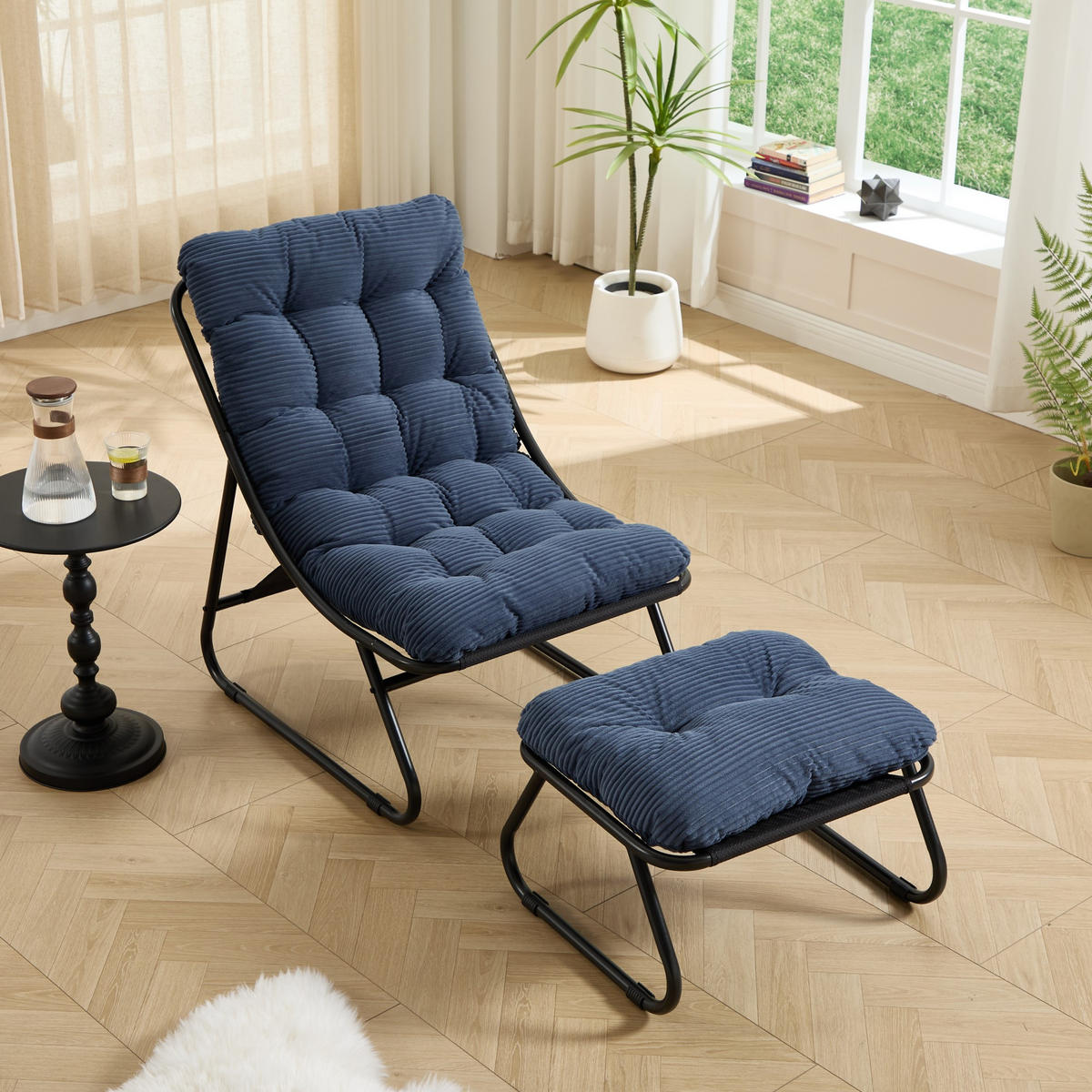SESSELSET, Relaxsessel mit Hocker,Stahlrahmen,Cord,Blau - Blau, Metall (78/86/65cm) - LVHOM