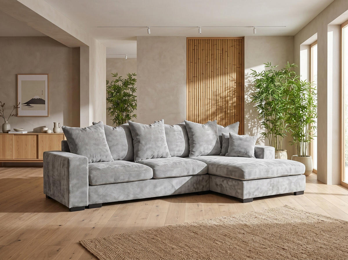 ECKSOFA Dahlia mit Schlaffunktion und Bettkasten in L-Form Rechts - Hellgrau Chenille 285/92/155 cm - Hellgrau/Schwarz, Kunststoff/Textil (155/285cm) - WFL GROUP