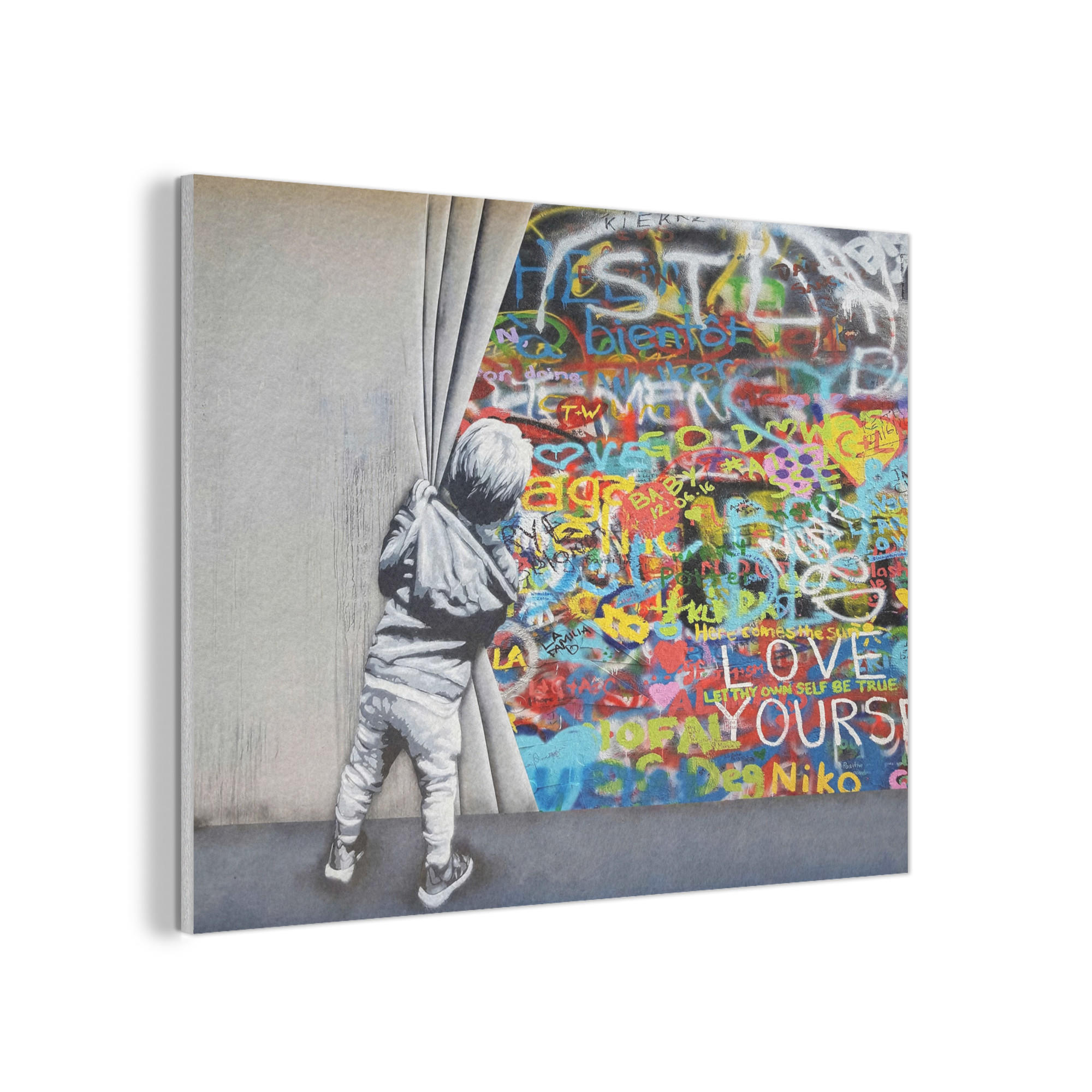 AKUSTIKBILD Graffiti - Junge - Ilussie - Straßenkunst Wandbild Wohnzimmer 100x70 cm - Hellgrau, Textil (100/70/0.9cm) - MuchoWow