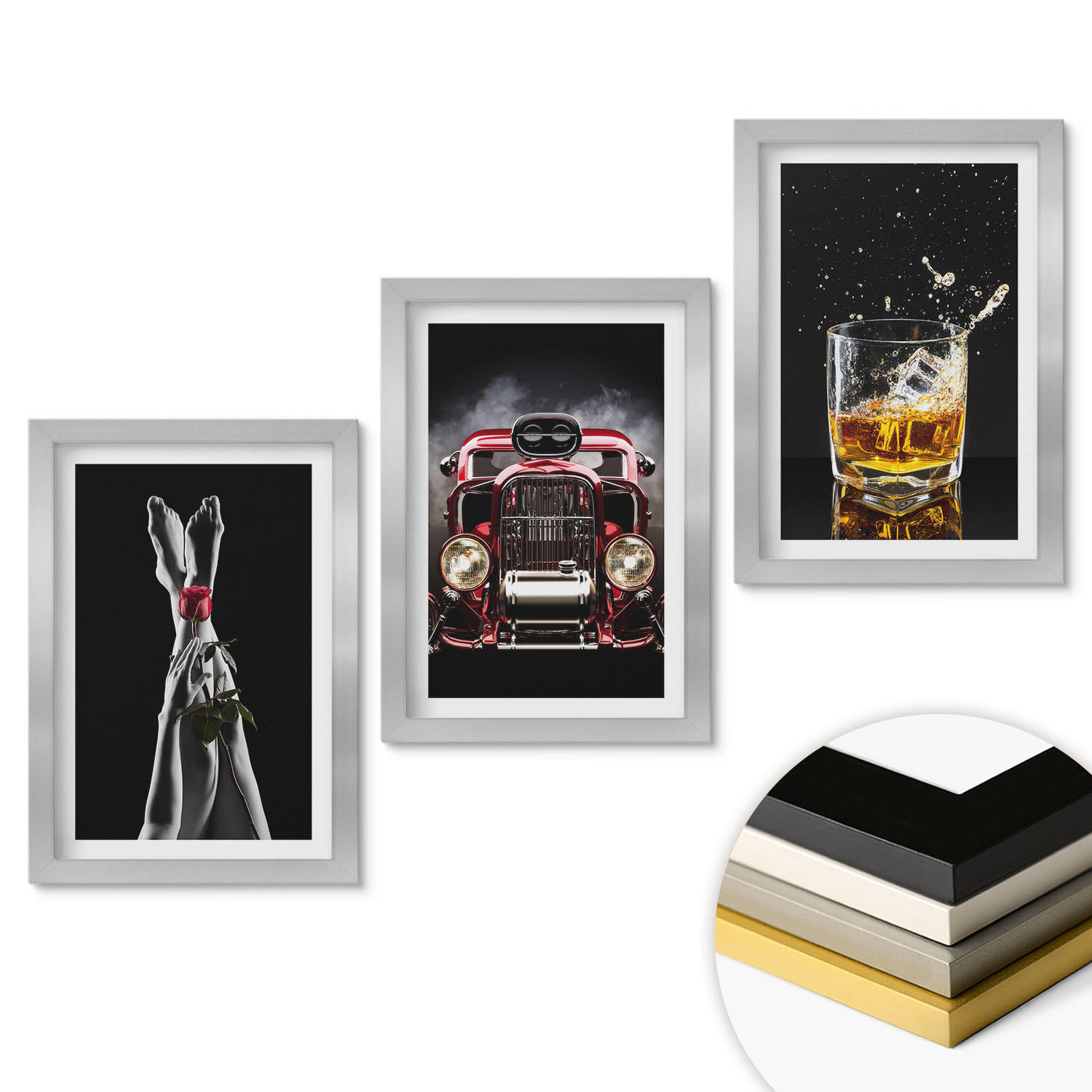 WANDBILDER 3er Set - 20x30 cm Silberner Rahmen - Frauenbeine Rosenauto Whisky - Silberfarben, Kunststoff (20/30cm) - ArtPrintCave