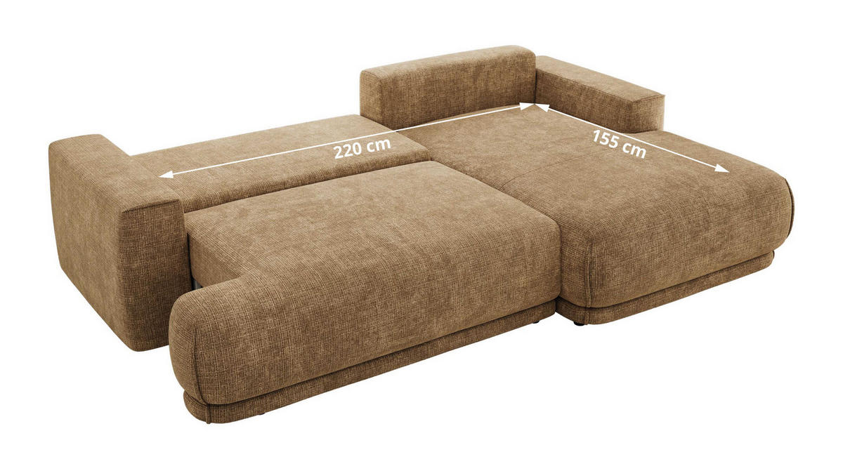 ECKSCHLAFSOFA RINA L Hellbraun Schenille grob gewebt - rechts - Hellbraun/Schwarz, Kunststoff/Textil (170/267cm) - MKS