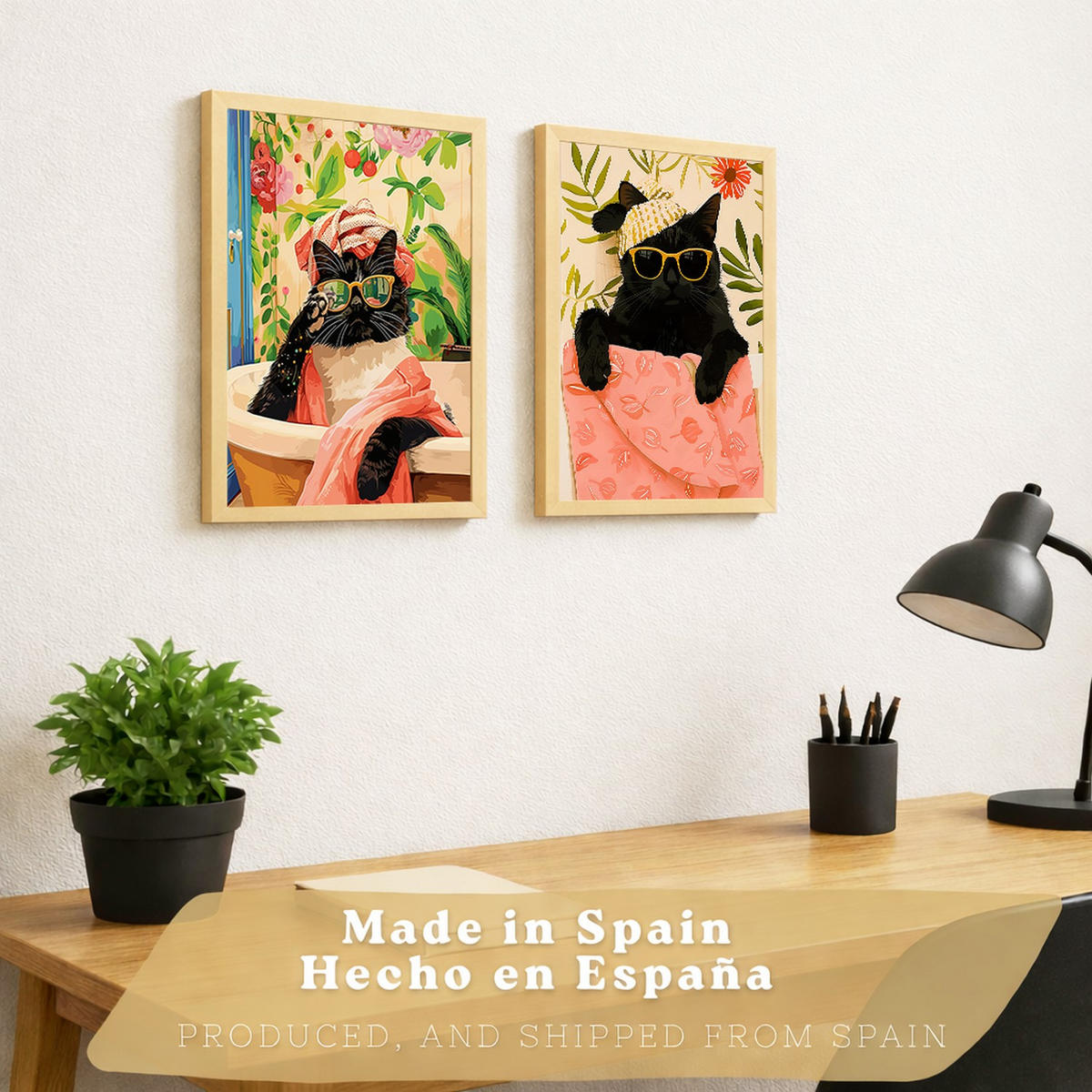 PLAKAT Sada 2 Černá kočka A4 Lehký dřevěný rám - béžová, papír (29.7/1/21cm) - Nacnic