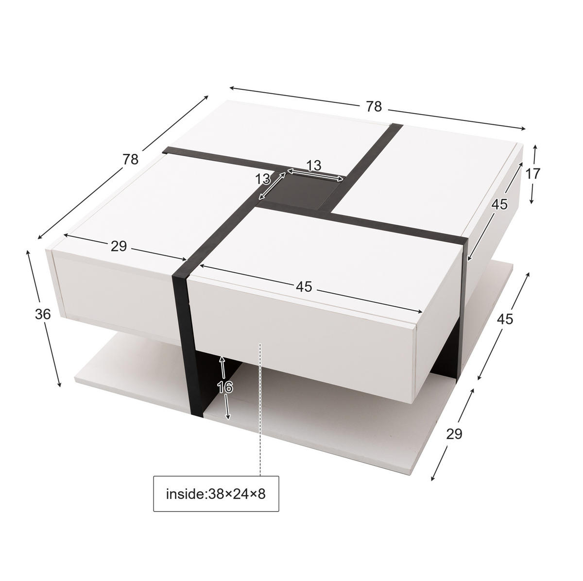 COUCHTISCH aus Spanplatte 78x78x36 cm in Weiß mit 4 Schubladen - Weiß, Holzwerkstoff (78/78/36cm) - Modfu