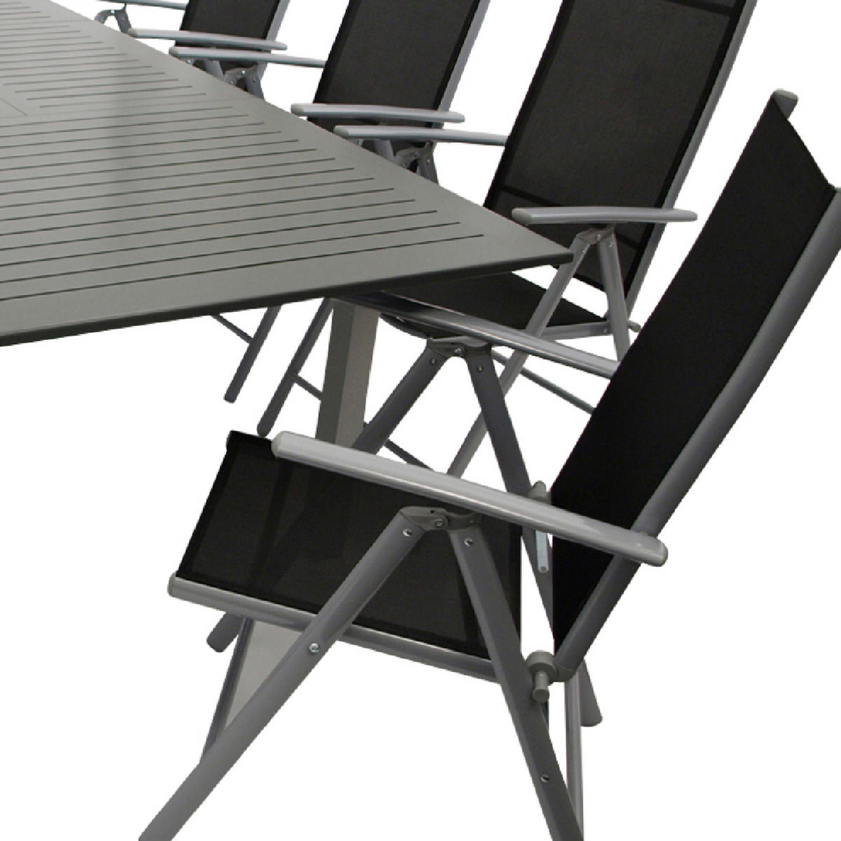 GARTEN-GARNITUR Ashford - 9-teilige Garten-Essgruppe (8x Klappsessel mit Aluminiumgestell grau, Bespannung Textilene schwarz - Schwarz, Metall - TPFGarden