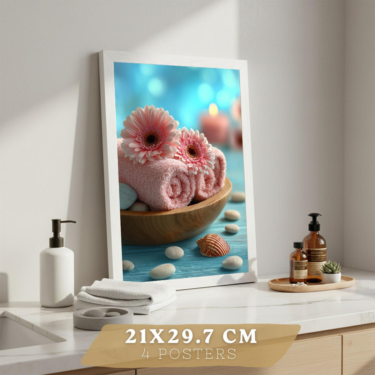POSTER 4er-Set Badezimmer-Wandposter, Strand-Spa-Poster für Waschbecken, Dusche, WC mit Muscheln, Kerzen, Handtüchern und Meersalz Weißer Rahmen A4 - Weiß, Papier (29.7/21/3cm) - Nacnic