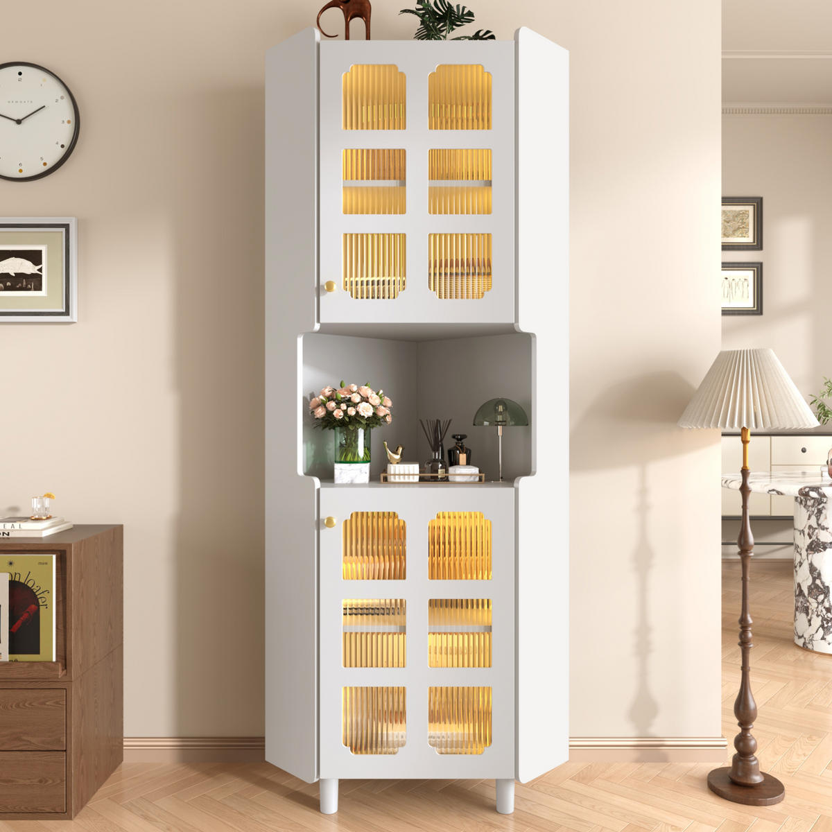 HOCHSCHRANK 63,5/63,5/157,5 cm aus MDF mit App-gesteuerter LED-Beleuchtung Weiß - Weiß, Holzwerkstoff (63.5/157.5/17cm) - Modenvie