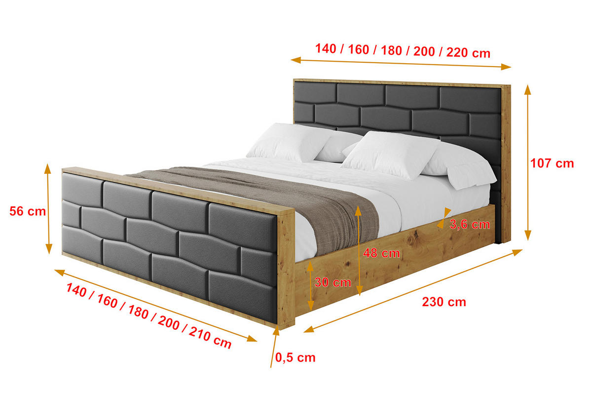 POLSTERBETT mit Bettkasten, Fußteil und Lattenrost, Boxbett mit Matratze H3/H4 - ENZO8-Z 160x200 Schwarz Kunstleder - Schwarz Hochglanz, Holzwerkstoff/Textil (160/200cm) - ALTDECOR