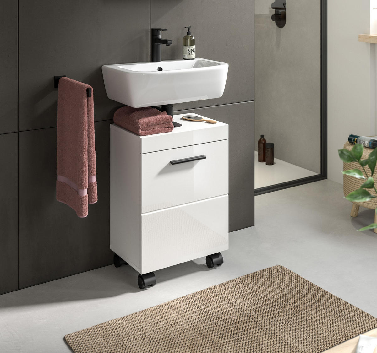 WASCHBECKENUNTERSCHRANK auf Rollen NOVA (B/H/T: ca. 40/58/30 cm) in Weiß/weiß hochglanz - Weiß, Holzwerkstoff (40/58/30cm)