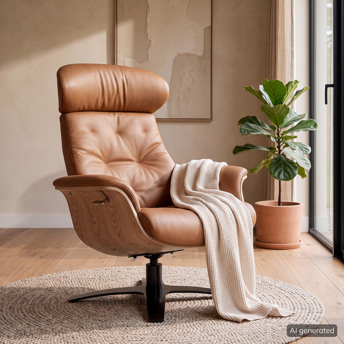 RELAXSESSEL - Cognac/Schwarz, Leder/Holzwerkstoff (79/100/84cm) - home24