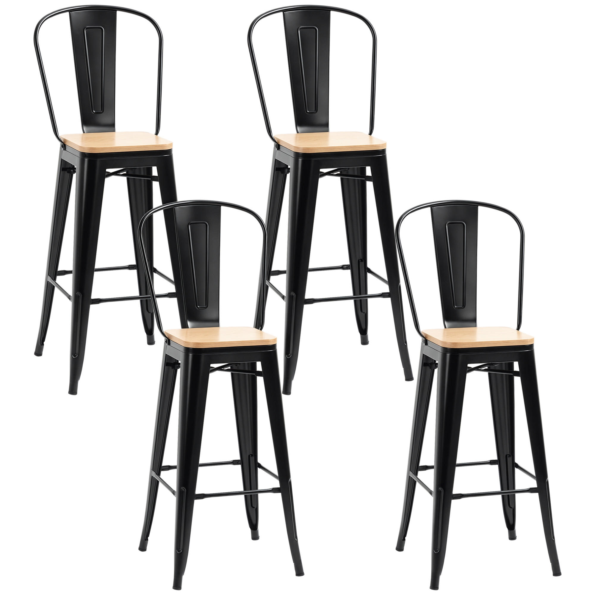 BARHOCKER 4er-Set DE-14705 industriell mit Rückenlehne & Fußstütze Hellholz/Schwarz - Schwarz, Metall (44/118/45cm) - ComfortXL