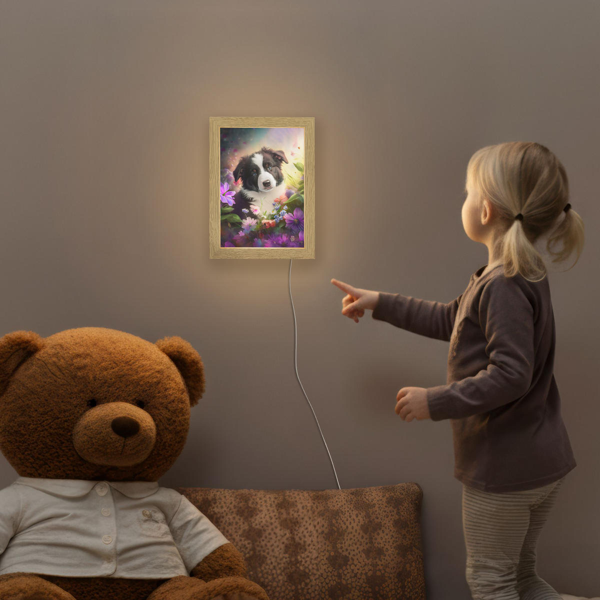 NACHTTISCHLAMPE Welpe - Sonne - Blumen - Natur - Border Collie - Hund 15x20 cm - Violett, Holzwerkstoff (8/15/20cm)