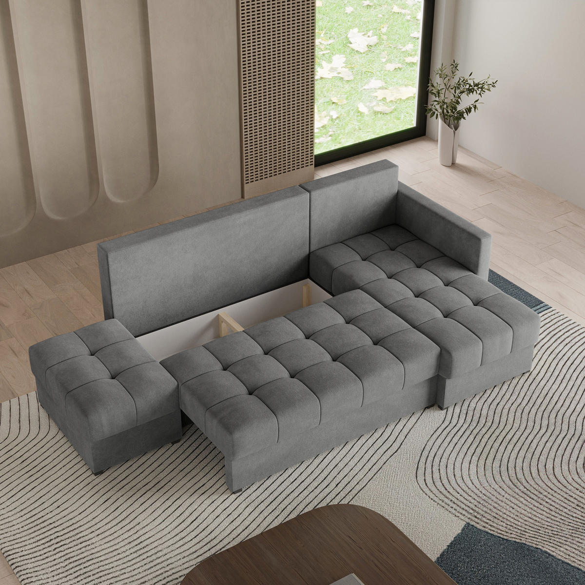 ECKSOFA LUMARI R-S Grau Plüsch-Stoff mit Schlaffunktion - Grau, Holz (262/143cm) - MASSENO