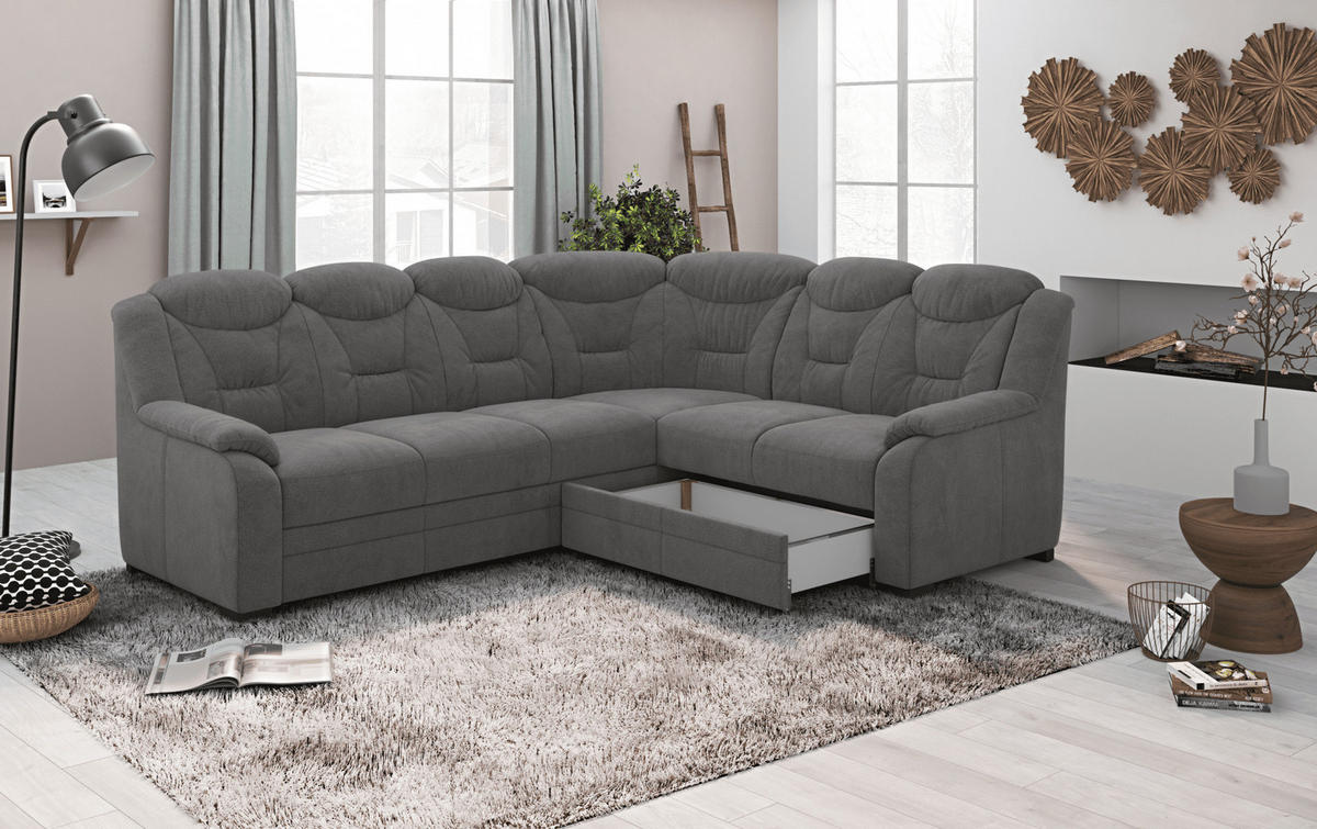 ECKSOFA mit Schlaffunktion und Bettkasten – weiches Chenille-Gewebe - Dunkelgrau/Anthrazit, Holz/Kunststoff (211/263cm) - Cotta