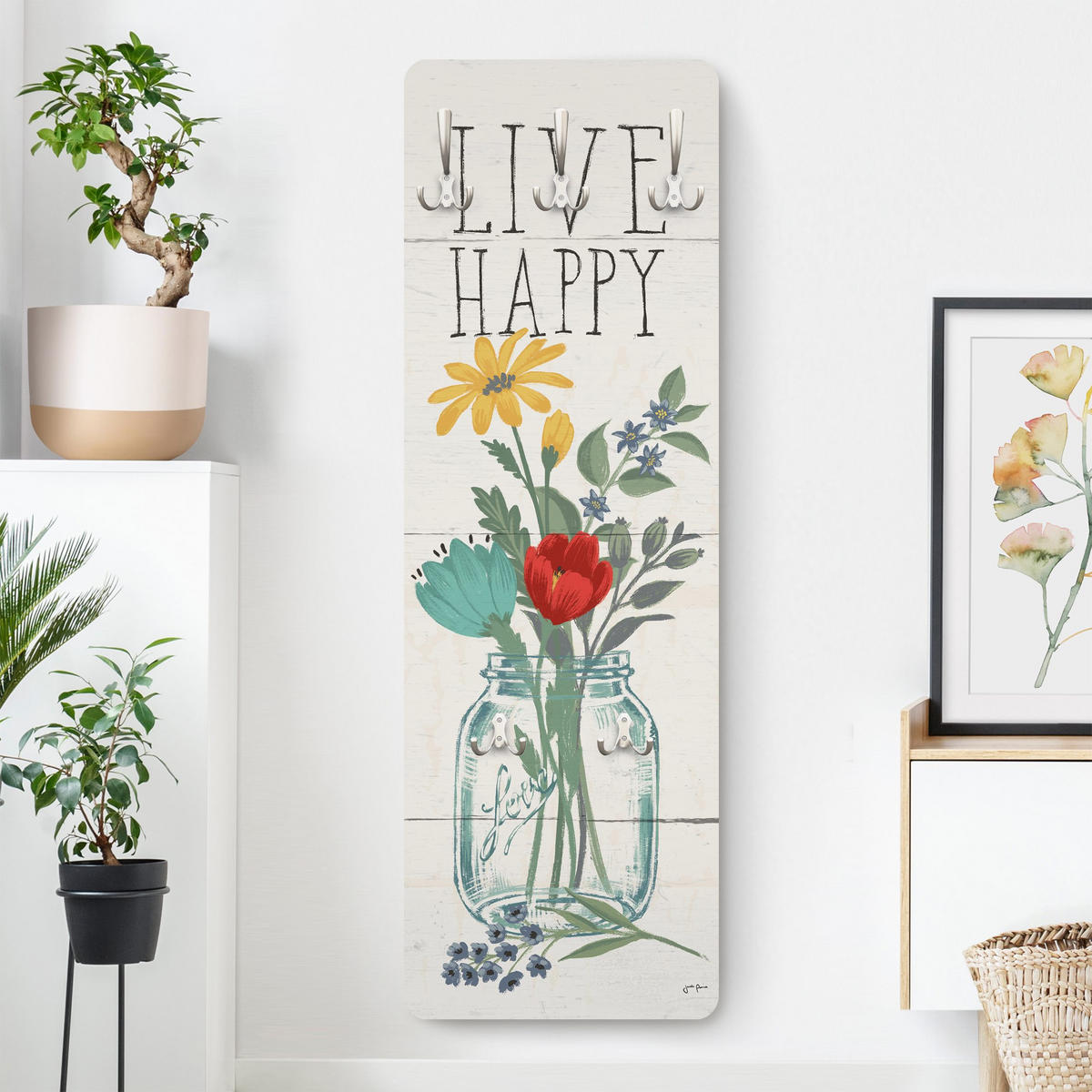 WANDGARDEROBE - Live Happy Blumenvase auf Holz 34/105 cm - Multicolor, Holzwerkstoff (34/105/1.6cm) - Bilderwelten