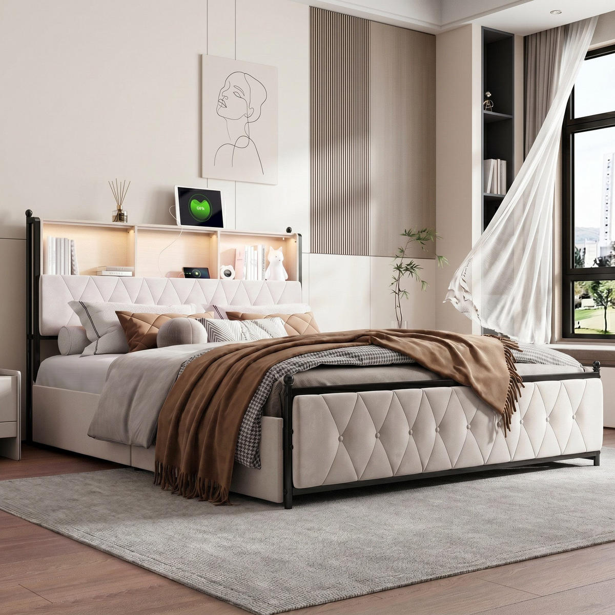 BETT 140x200cm beige samt led usb typ-c unterbettstauraum - Schwarz, Metall - SHOPENTRA
