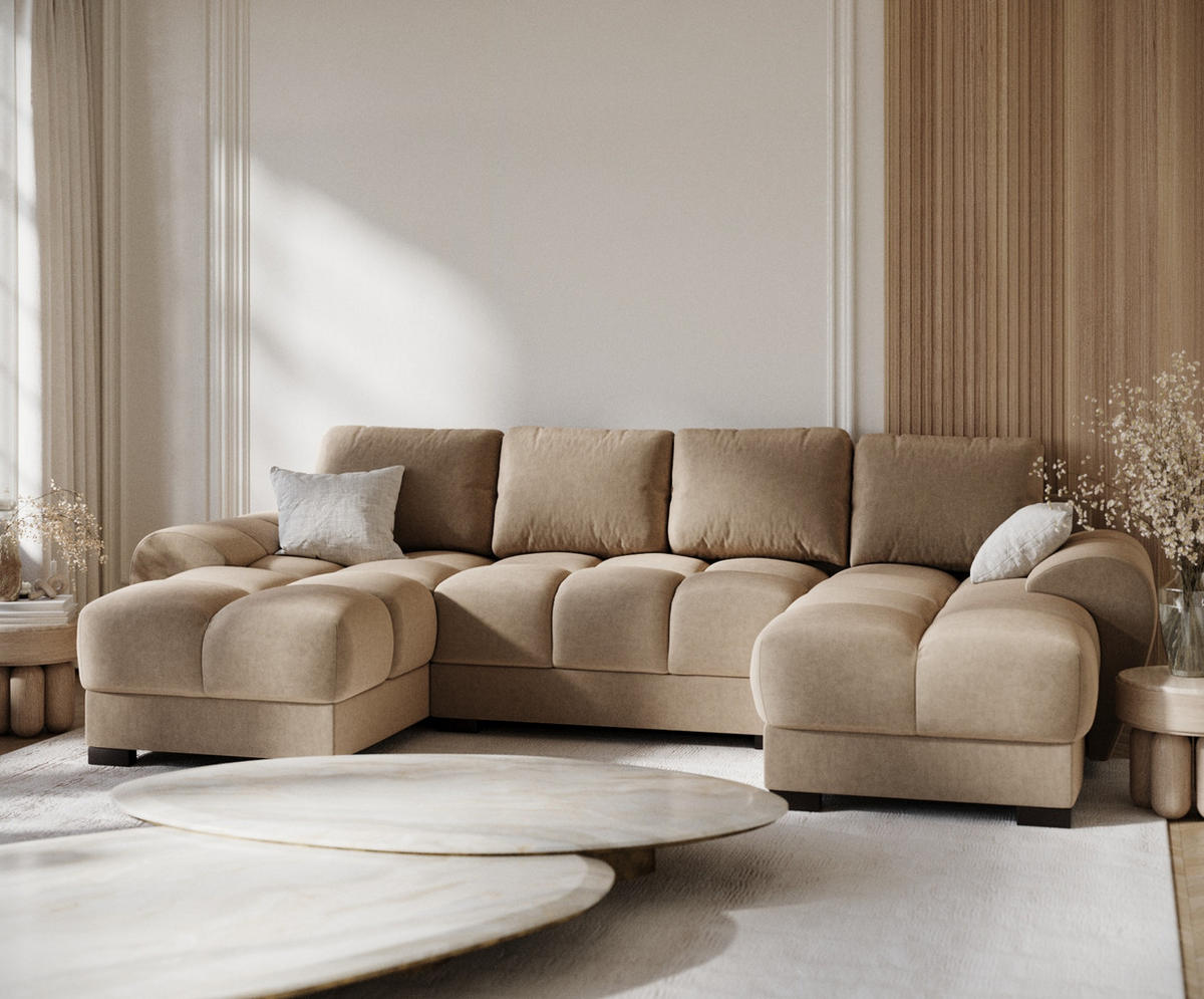 WOHNLANDSCHAFT Peebles Beige Samtstoff - Beige/Schwarz, Holz/Holzwerkstoff (330/90/175cm) - Maison de Reve