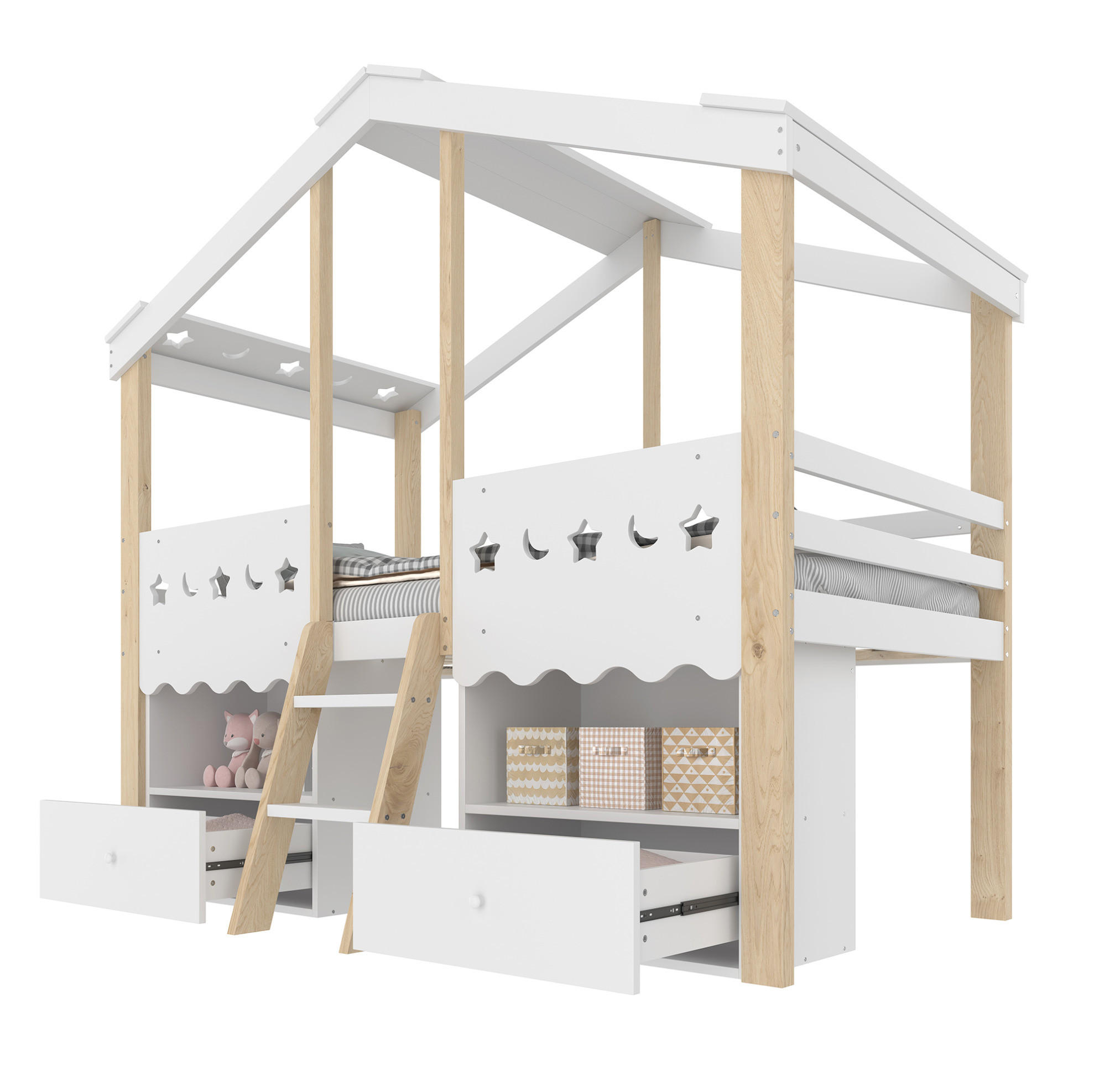 HOCHBETT 90/200 cm Weiß/Natur aus Kiefernholz mit LED-Beleuchtung und Stauraum - Weiß, Holz (90/200cm) - OKMYHOME