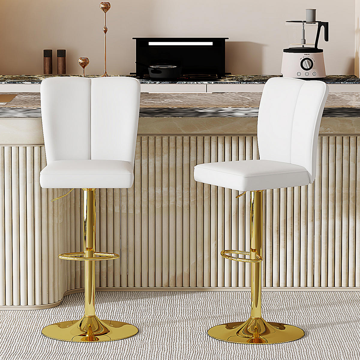 BARHOCKER 2er-Set Weiß-Gold Höhenverstellbar Drehbar 360° mit Rückenlehne und PU-Leder - Weiß, Metall (44.5/95.5/44cm) - PANGIVO