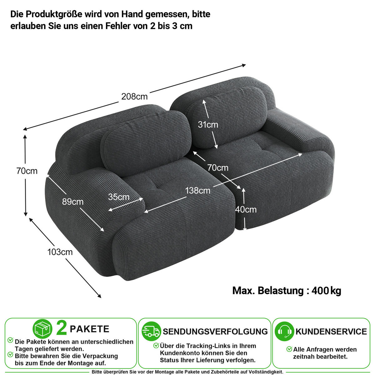 SOFA 2-Sitzer in Grau aus Cord mit modularem Design und geschwungenen Armlehnen - Grau, Textil (208/75/103cm) - CHICFURN