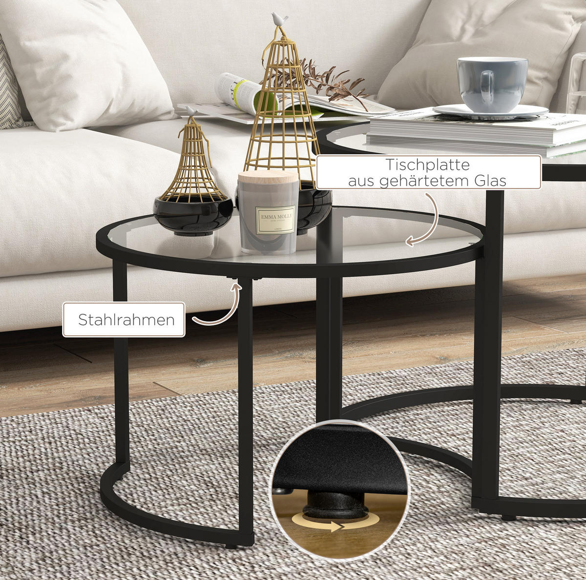 SADA odkládacích stolků 70/70/48 cm černá z oceli se skleněnou deskou - černá, kov (70/70/47.5cm) - OKWISH
