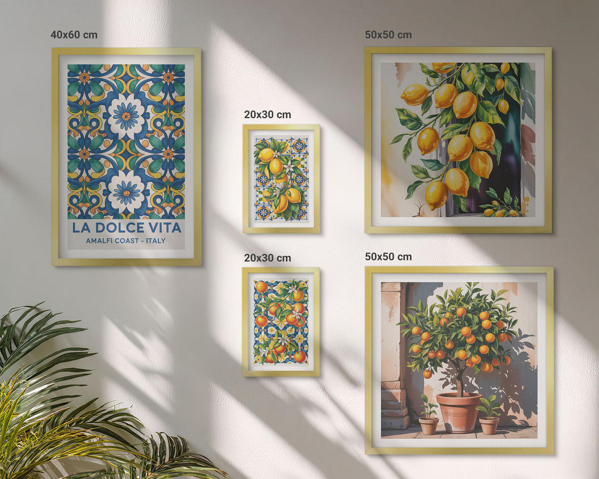 WANDBILDER 5er Set - 50x50 cm & 20x30 cm & 40x60 cm Goldrahmen - Zitronenlimonade blaue Tür - Goldfarben, Kunststoff (40/60cm) - ArtPrintCave