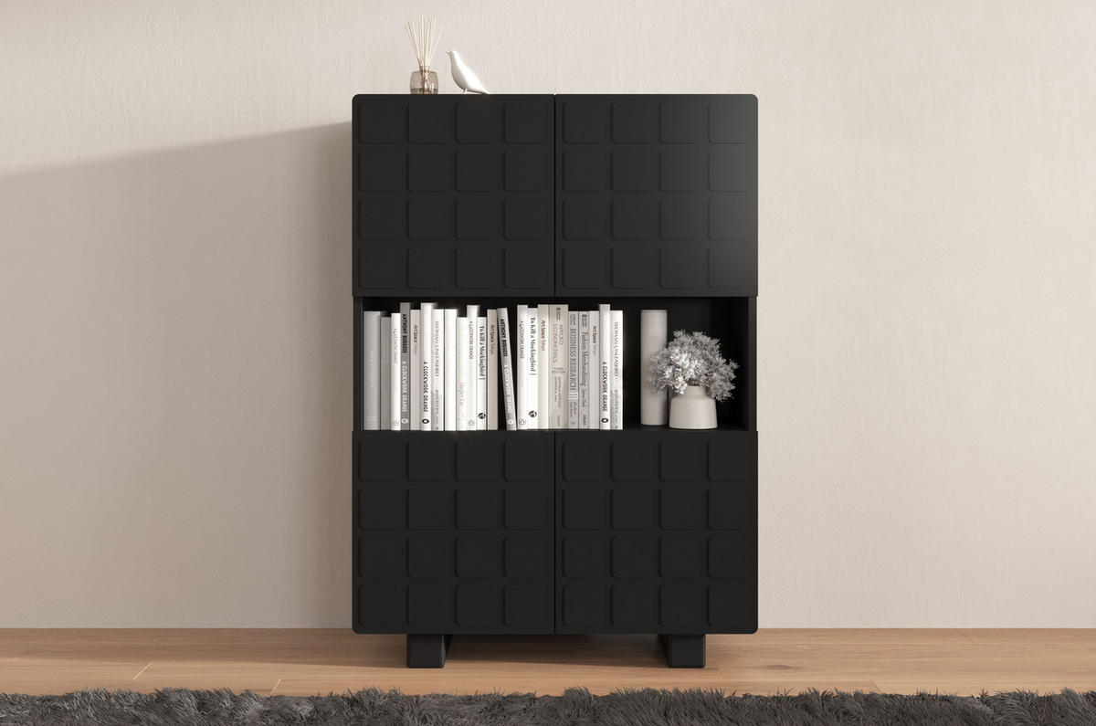 HIGHBOARD Cubo Long, Geometrische 3D Fronten, 85 x 120 cm, Schwarz - Schwarz, Holz/Holzwerkstoff (84.3/120/41.8cm) - Skandica