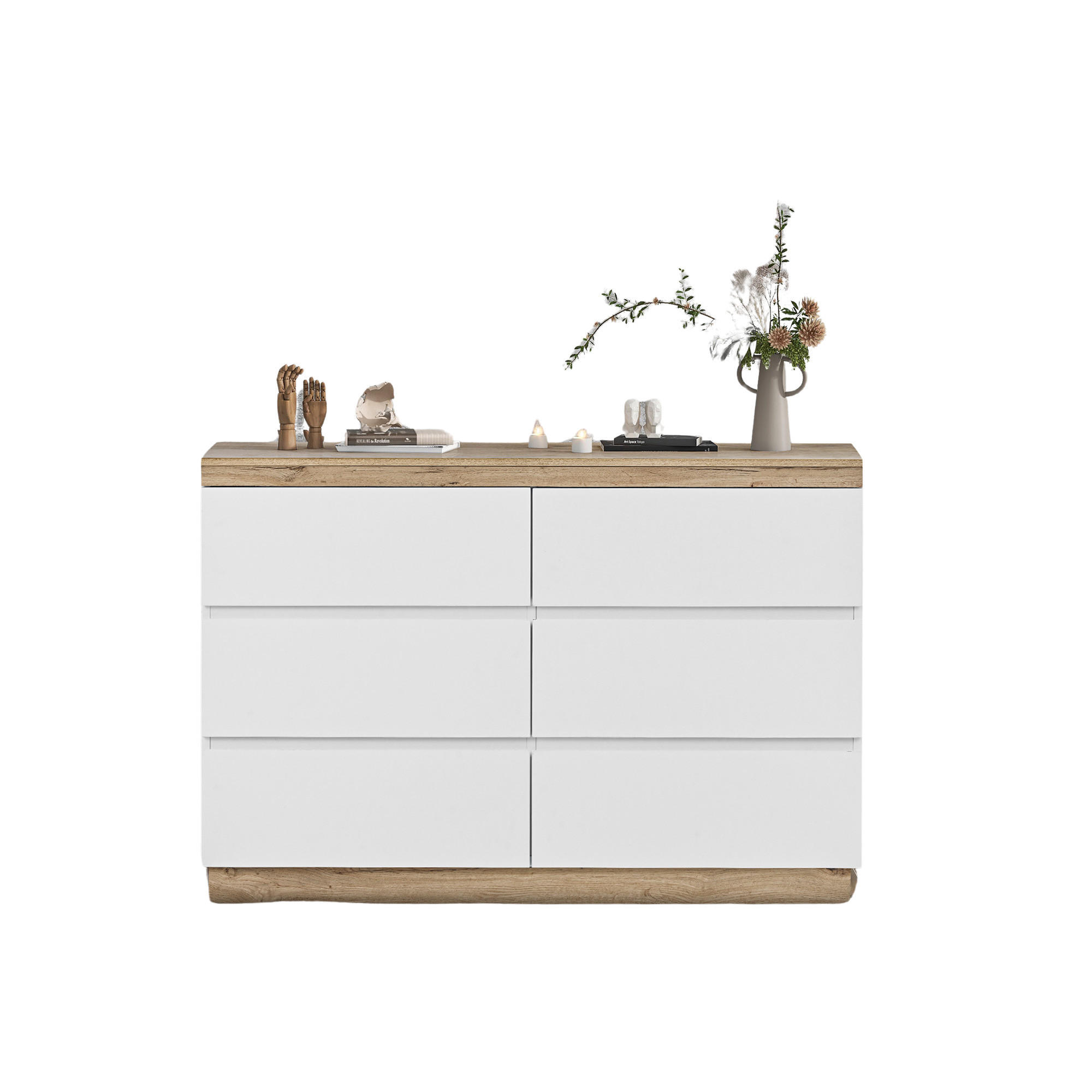 SIDEBOARD Kommode E1 Spanplatte mit 6 Schubladen Eicheoptik klassisches Design Schlafzimmer Stauraum 80/40/110 - Eichefarben/Weiß, Holzwerkstoff/Metall (110/67.5/40cm) - EVRYAE
