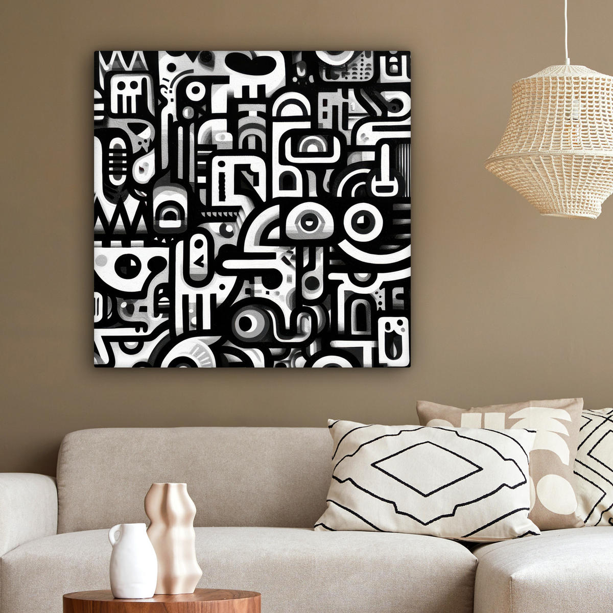 LEINWANDBILD Symbole - Abstrakt - Grafik - Schwarz Deko Groß 90x90 cm - Schwarz, Textil (90/90cm) - MuchoWow