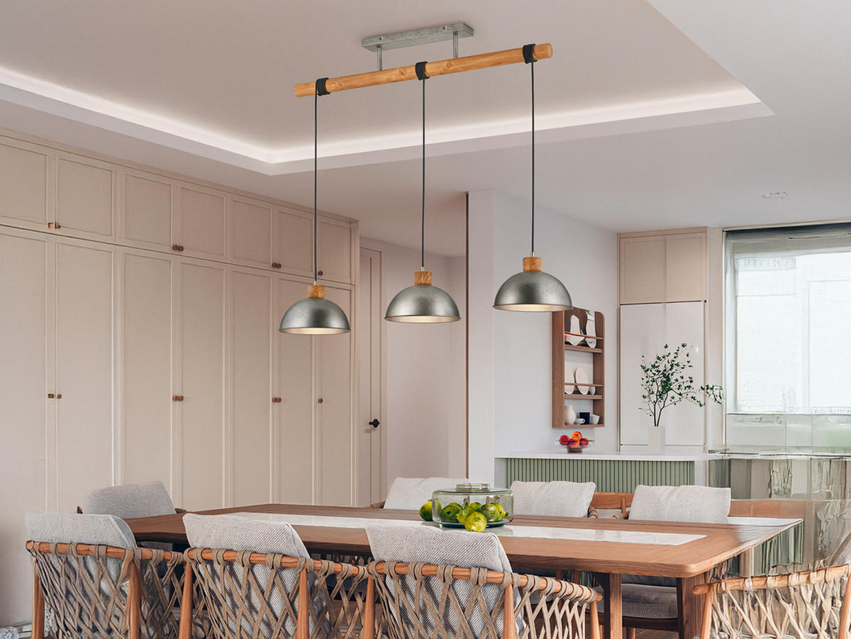 LED-PENDELLEUCHTE Breite 108cm, Holzbalken - Silberfarben/Naturfarben, Naturmaterialien/Metall (25/108/215cm) - meineWunschleuchte
