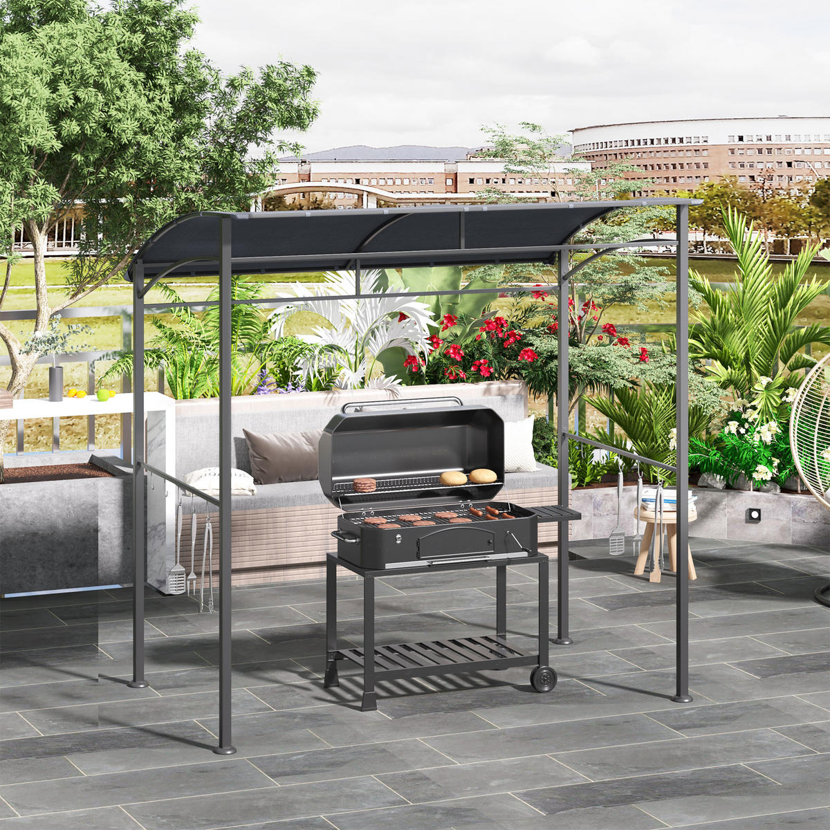 GRILLPAVILLON Polyester Grau+Schwarz - Schwarz/Grau, Kunststoff/Metall (150/220/215cm) - Outsunny