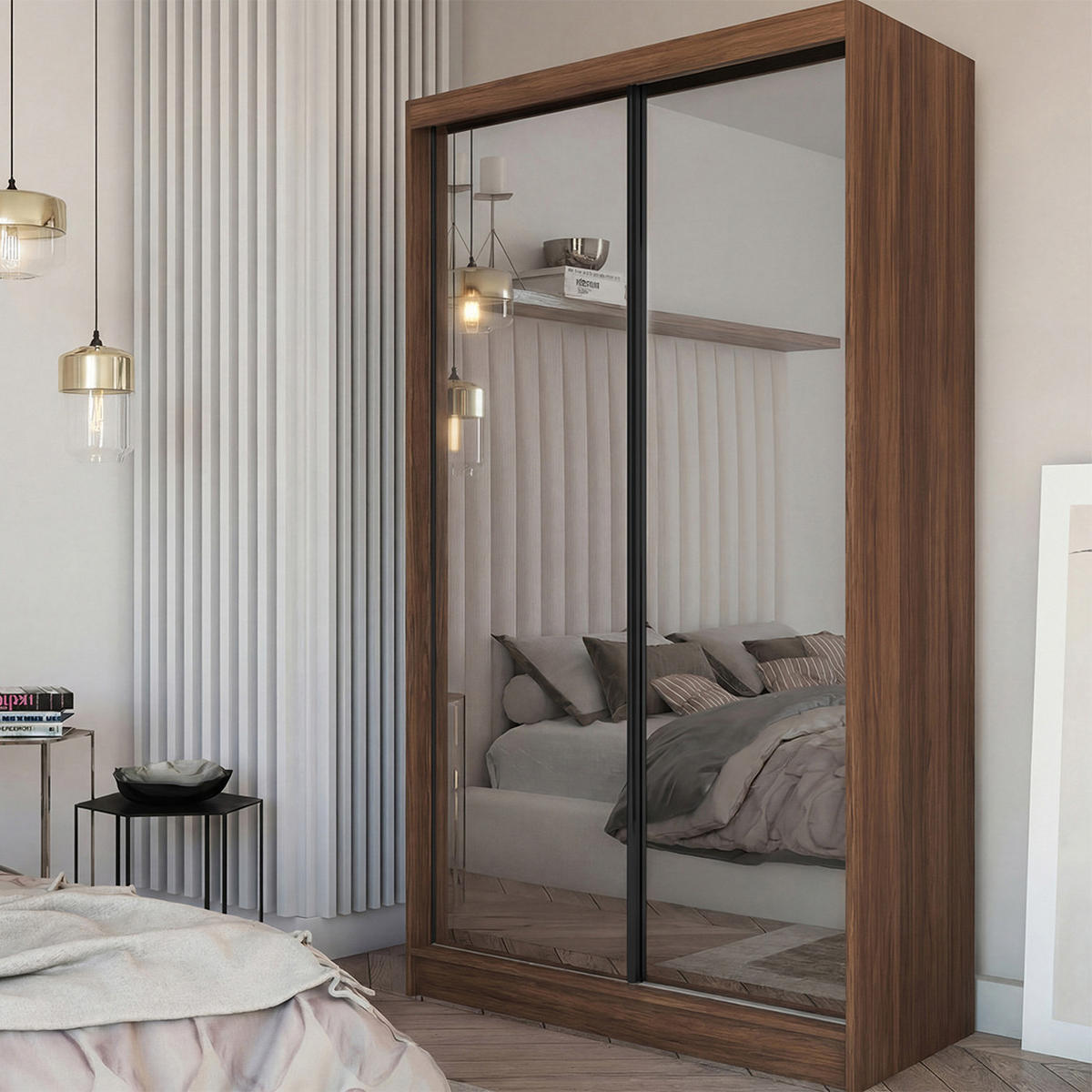 SCHWEBETÜRENSCHRANK Debra II mit Schubladen und Spiegel 120/216/61 Walnuss - Walnussfarben, Holzwerkstoff (120/216/61cm) - Beautysofa