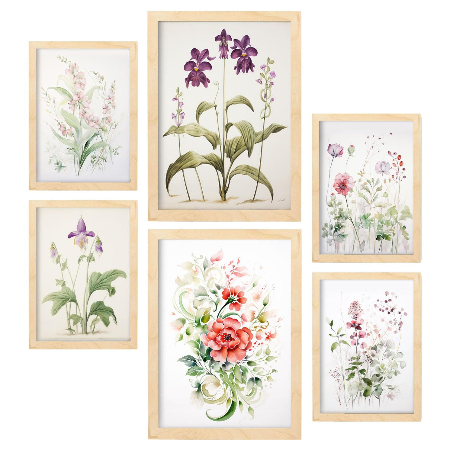 POSTER Set Mit 6 Orchideen & Nelken A3 & A4 Rahmen Aus Hellem Holz - Beige, Papier (29/3cm) - Nacnic