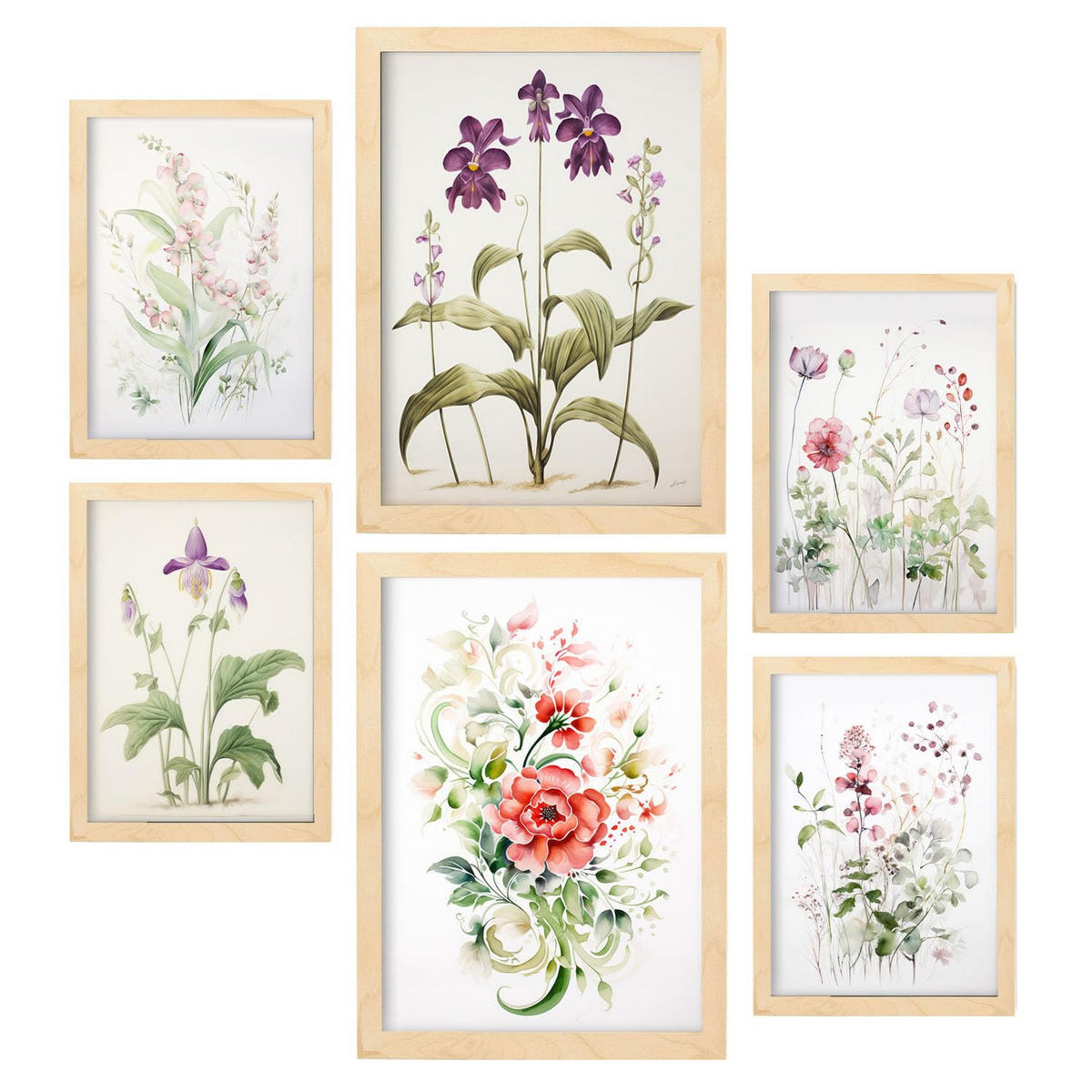 POSTER Set Mit 6 Orchideen & Nelken A3 & A4 Rahmen Aus Hellem Holz - Beige, Papier (29/3cm) - Nacnic