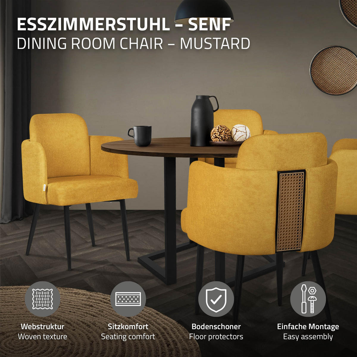 ESSZIMMERSTÜHLE 2er Set Senf mit Stoffbezug Rattan Optik - Gelb/Schwarz, Textil/Metall (59/86/59cm) - ML-DESIGN