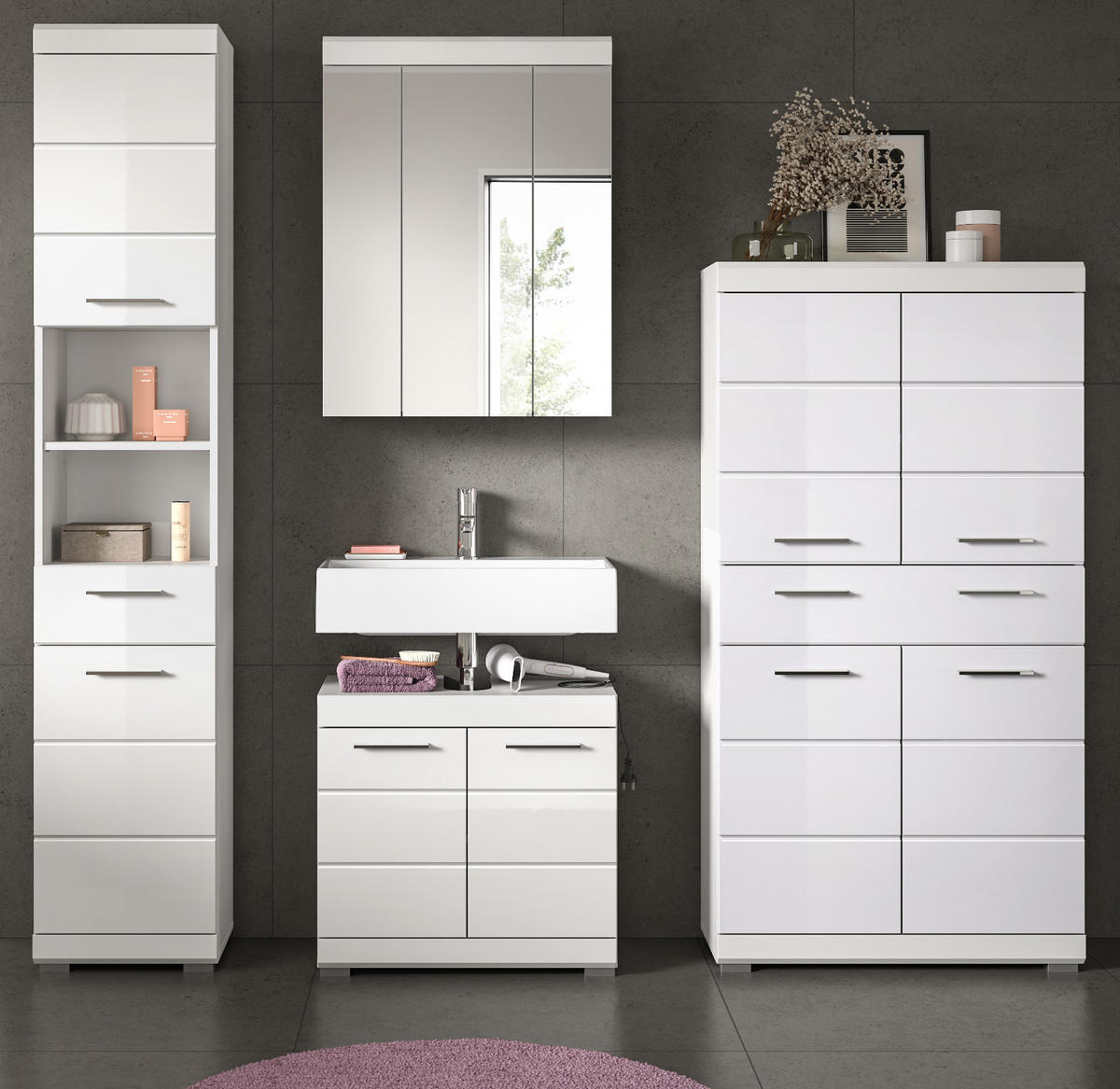 BADMÖBEL-SET weiß Hochglanz 4-teilig 200 cm, Komplettset mit viel Stauraum - Weiß Hochglanz, Glas/Holzwerkstoff (200/191/34cm) - Inn.Furn