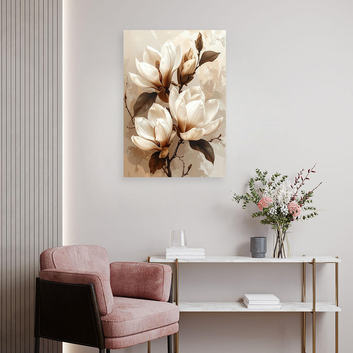 BILD auf Leinwand, Cremefarbene Magnolien auf Zweigen in Brauntönen - Beige, Textil (60/90cm) - Feeby