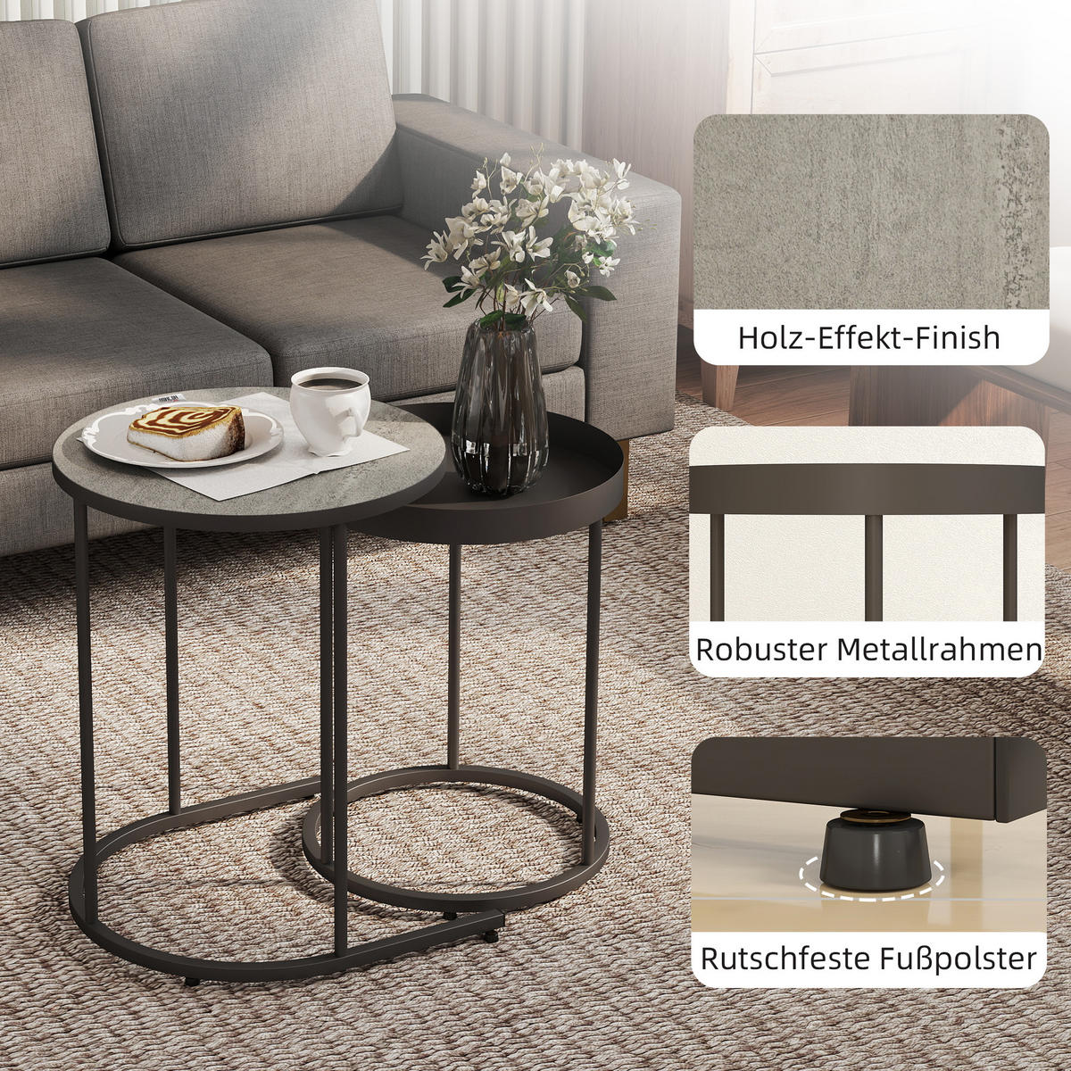 BEISTELLTISCH Grau 2 Stück - Grau, Naturmaterialien (42/42/54cm) - GiPP