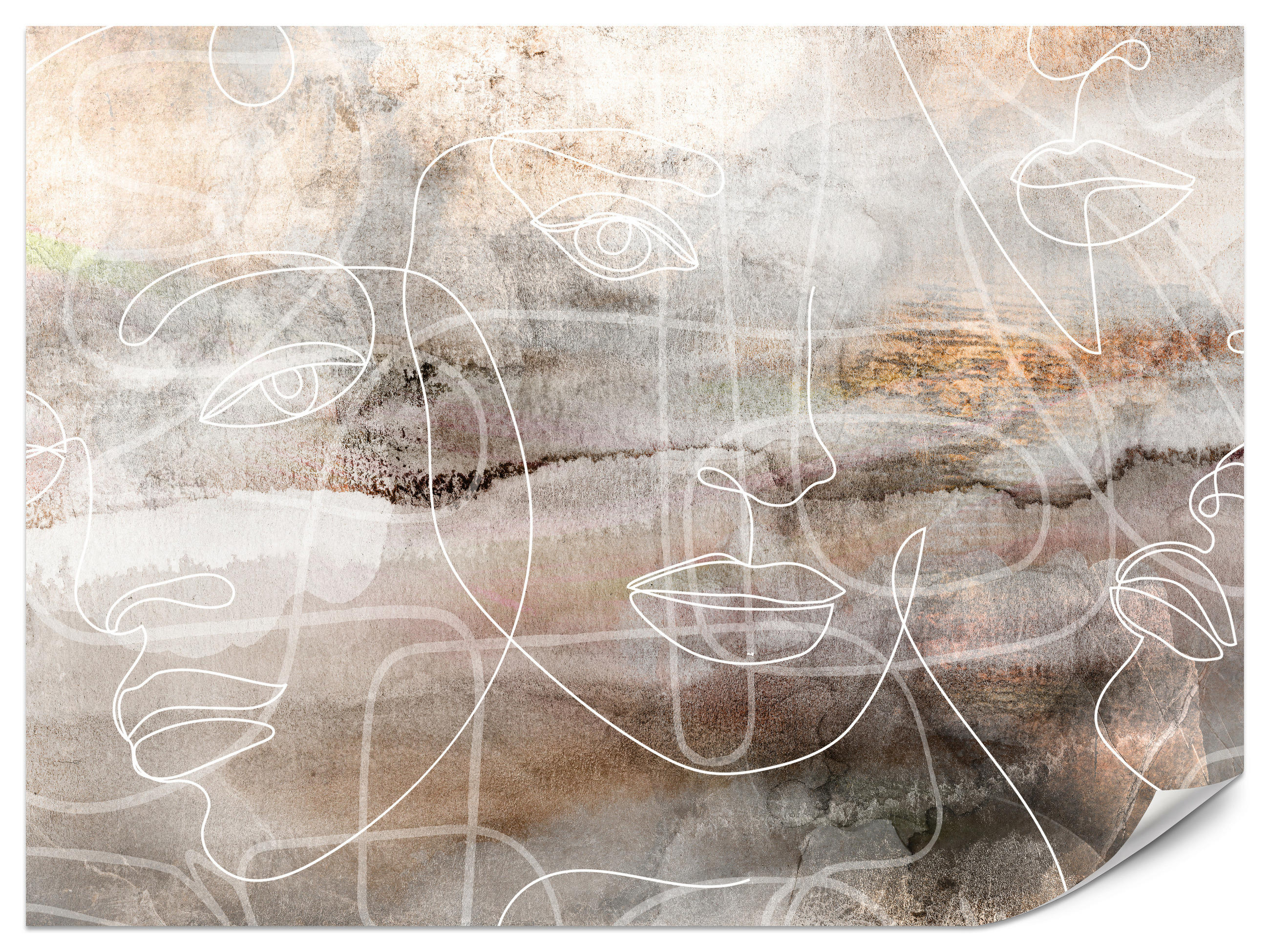 FOTOTAPETE für Wohnzimmer Gesichter Abstraktion Line-Art Modern 200x140 - Beige/Braun, Papier (200/140cm) - Muralo
