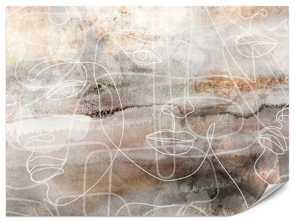 FOTOTAPETE für Wohnzimmer Gesichter Abstraktion Line-Art Modern 200x140 - Beige/Braun, Papier (200/140cm) - Muralo