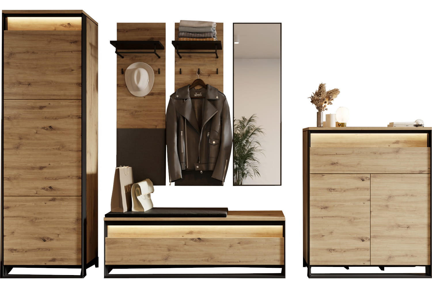 Meblini Garderobe Eiche Artisan, Schwarz 287x249x40 cm
