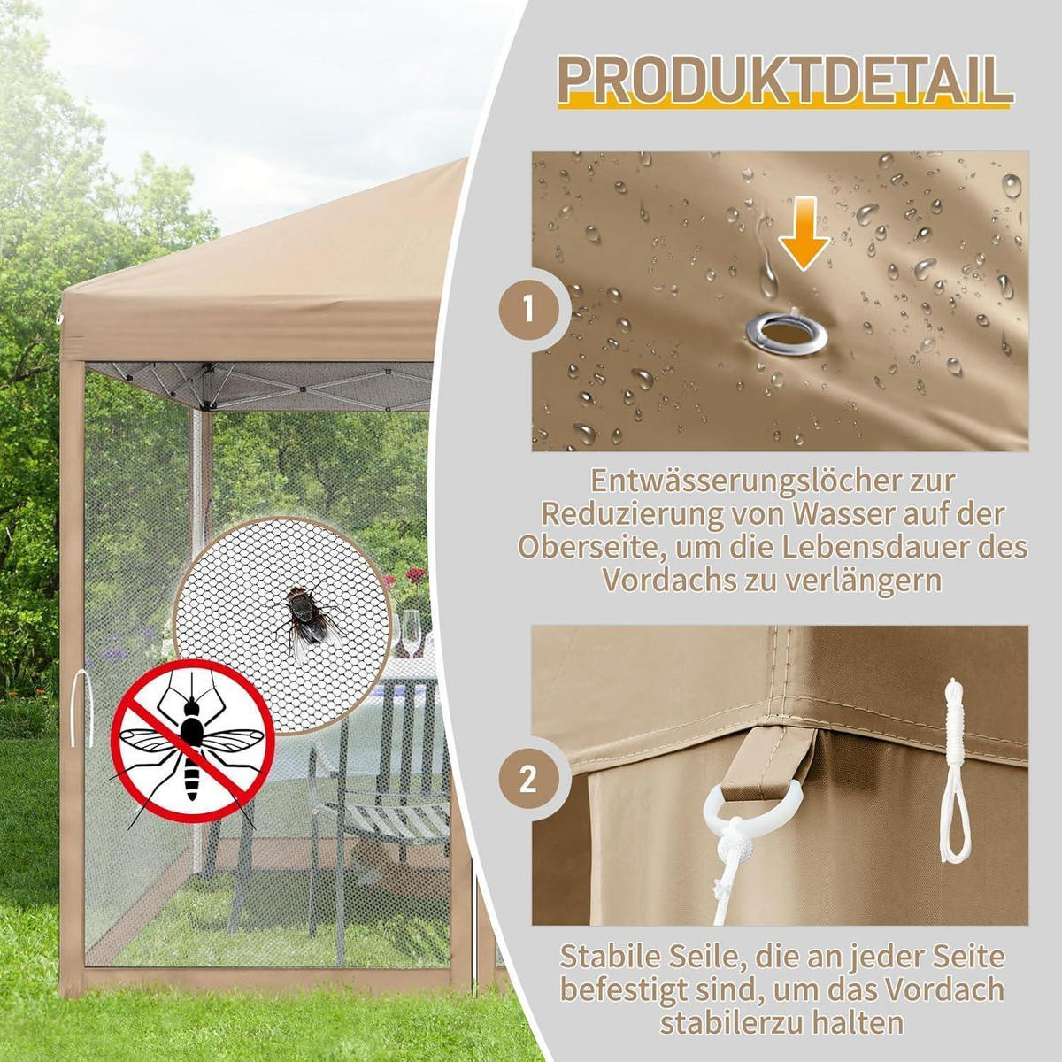 FALTPAVILLON 3x3 m mit Moskitonetzen Khaki - Olivgrün, Textil (300/245/300cm)